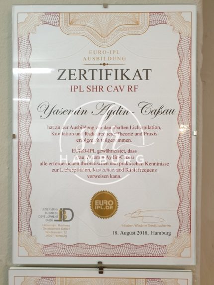 Yasemin - Zertifikat - SHR, IPL, Kavitation, Radiofrequenz